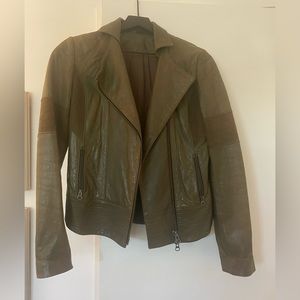 Green leather jacket from EDUN